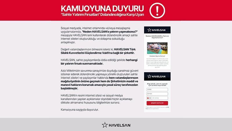 HAVELSAN’dan ‘Sahte Yatırım Fırsatları’ dolandırıcılığına karşı vatandaşlara uyarı