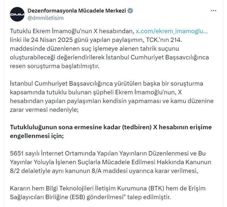 DMM: Ekrem İmamoğlu'nun X hesabına yargı kararıyla erişim engeli getirildi