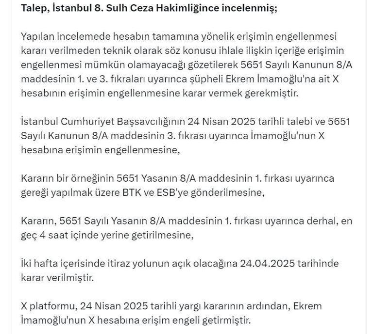 DMM: Ekrem İmamoğlu'nun X hesabına yargı kararıyla erişim engeli getirildi