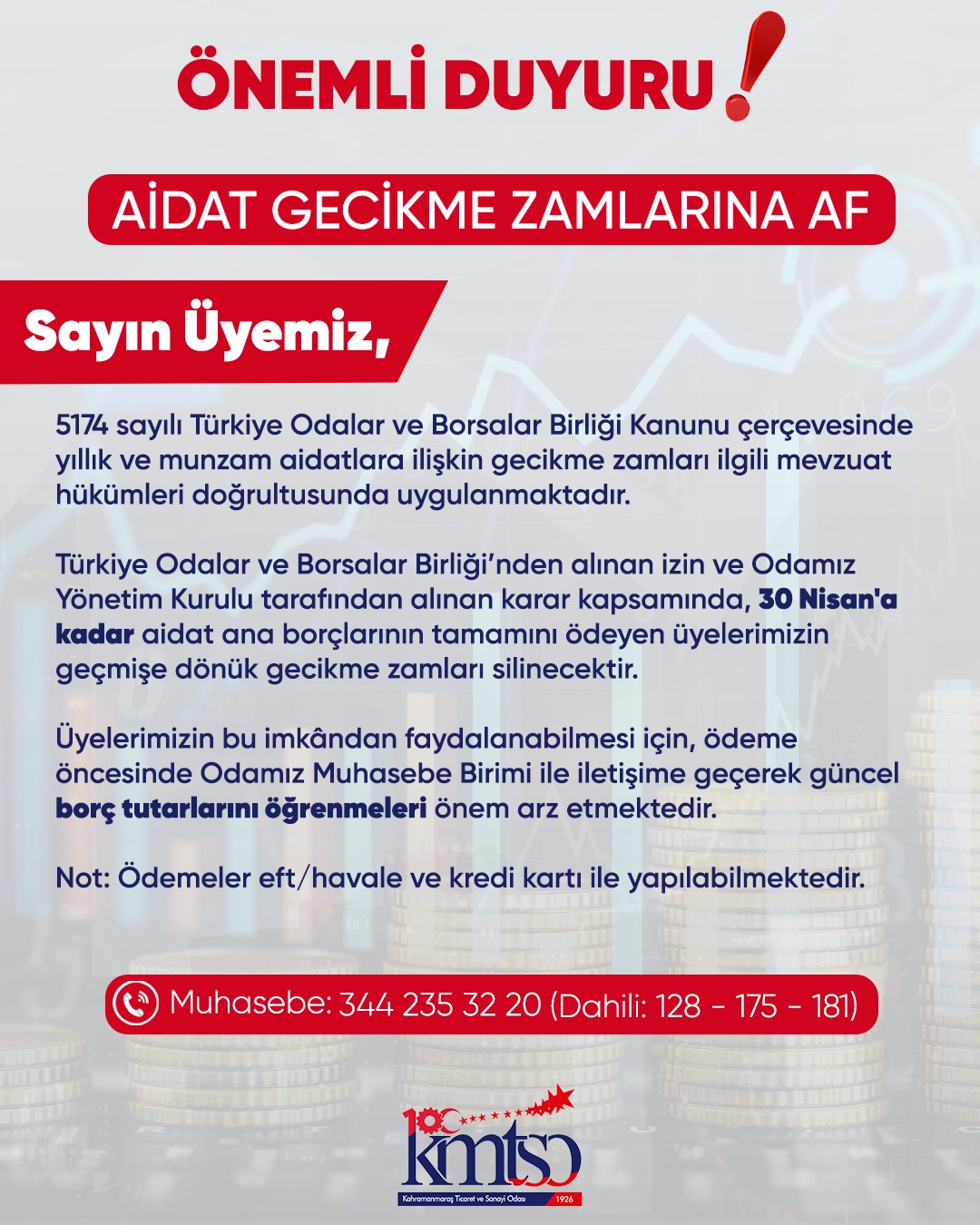 KMTSO’dan Aidat Gecikme Zamlarına Af