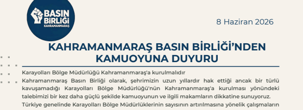 KAHRAMANMARAŞ BASIN BİRLİĞİ’NDEN KAMUOYUNA DUYURU